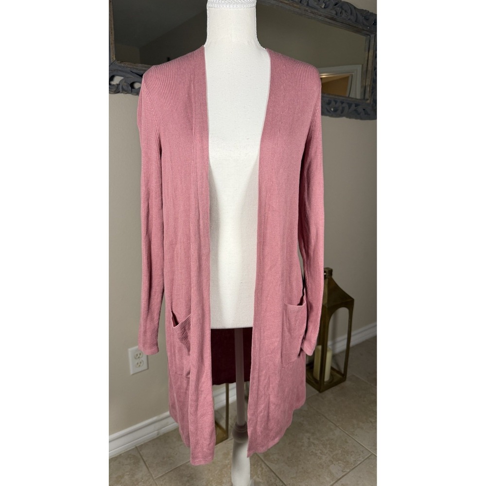 J Jill Womens Medium Pink Ribbed Open Front Long Cardigan Duster Pockets